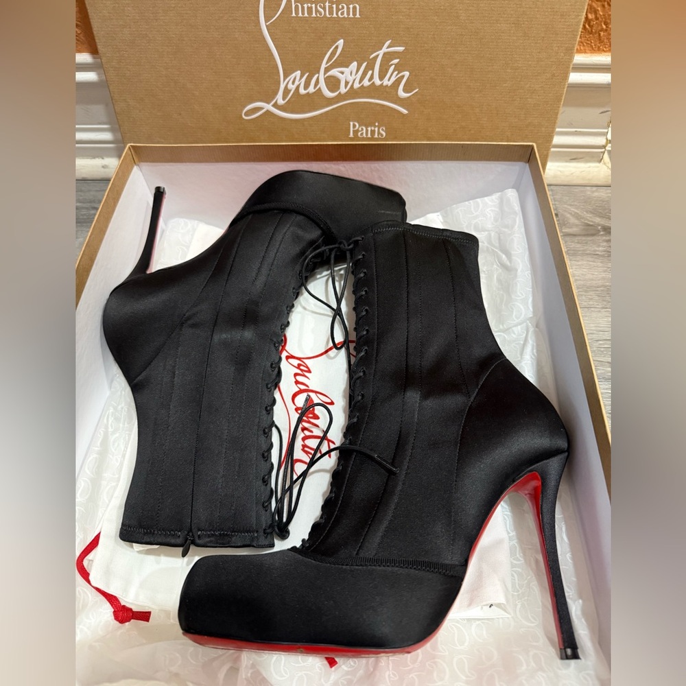 Christian Louboutin Black Satin Lace-Up High Heel Ankle Boots with Red Sole